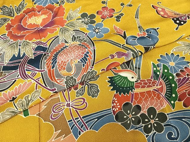 平和屋着物●紅型　振袖　鴛鴦花蝶文　鬼しぼ縮緬　正絹　逸品　AAAW4262np 平和屋着物○紅型 振袖 鴛鴦花蝶文 鬼しぼ縮緬 正絹 逸品 AAAW4262npの