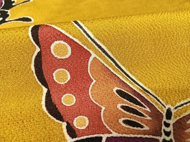 平和屋着物○紅型 振袖 鴛鴦花蝶文 鬼しぼ縮緬 正絹 逸品 AAAW4262npの