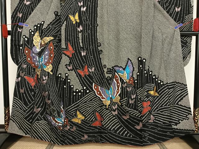 平和屋着物○豪華振袖 総絞り 舞蝶文 黒地 金銀彩 正絹 逸品 