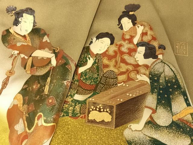 平和屋着物●漆工芸作家　金森一博　訪問着　人物文　暈し染め　金銀彩　正絹　逸品　AAAW4278np 平和屋着物○漆工芸作家 金森一博 訪問着 人物文 暈し