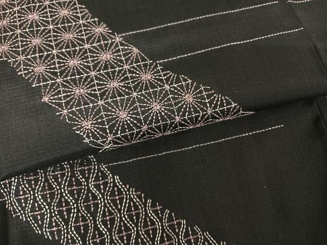 平和屋着物○本場大島紬 訪問着 刺繍 刺し子 吉祥文 黒地 正絹 逸品