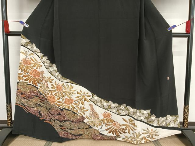平和屋着物○豪華黒留袖 友禅 作家物 草花にライチョウ 金彩 正絹 逸品