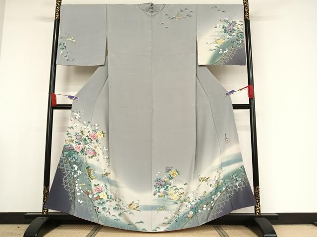 平和屋着物●英王室献上友禅作家　木下勝功　訪問着　手描き　刺繍　枝花文　絵巻　暈し染め　金彩　正絹　逸品　AAAW4380np