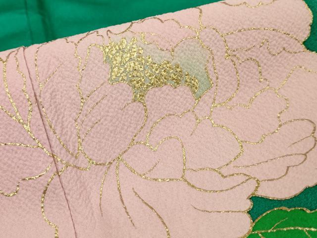 平和屋着物○染色作家 草野一騎 振袖 牡丹文 金彩 ロング丈 正絹 逸品