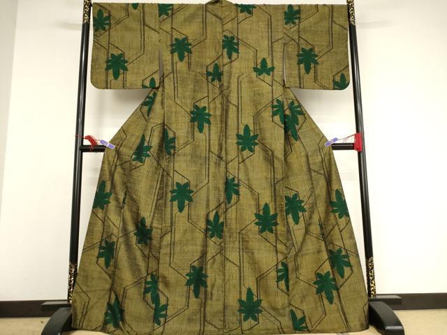 平和屋着物●上質な紬　幾何学八手文　ロング丈　正絹　逸品　AAAW5342br 平和屋着物○上質な紬 幾何学八手文 ロング丈 正絹 逸品