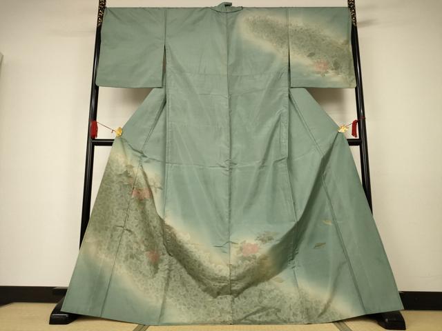 平和屋着物▽訪問着　本場染大島紬　単衣　刺繍　草花文　暈し染め　正絹　逸品　AAAW7293jd
