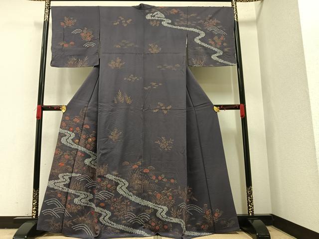 平和屋着物●訪問着　絞り　刺繍　流水草花文　金彩　正絹　逸品　AAAW7494ph