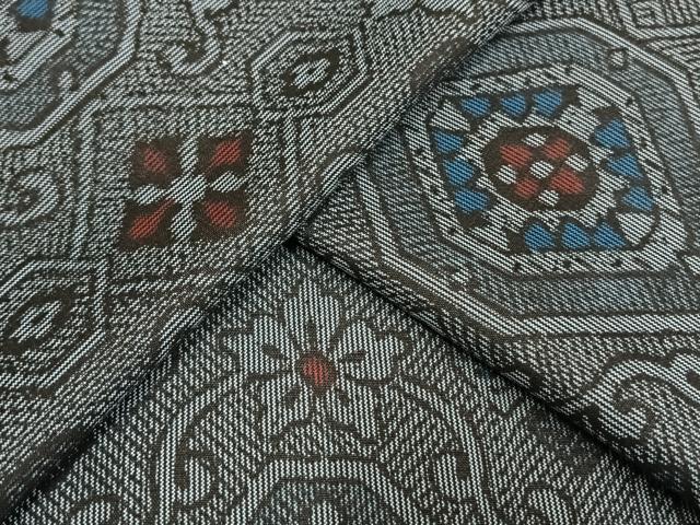 平和屋着物▽上質な紬　単衣　幾何学花文　正絹　逸品　AAAW7621fy