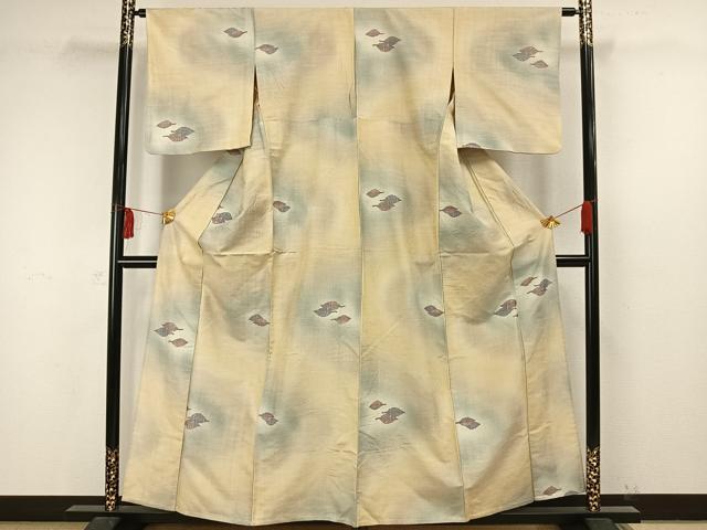 平和屋着物▽上質な小紋　単衣　紬地　舞葉文　正絹　逸品　AAAW7632fy 平和屋着物▽上質な小紋 単衣 紬地 舞葉文 正絹 逸品