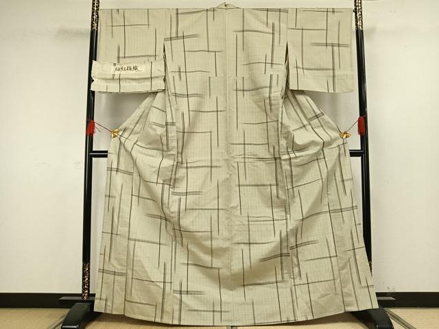 平和屋着物▽上質な紬　単衣　紬紅梅織　格子　反端付き　正絹　逸品　未使用　AAAW7653fy 平和屋着物▽上質な紬 単衣 紬紅梅織 格子 反端付き