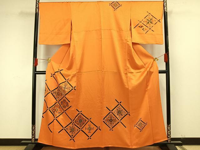 平和屋着物▽訪問着　単衣　駒刺繍　吉祥花文　金彩　正絹　逸品　AAAW7680fy