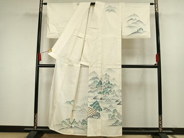 平和屋着物▽訪問着　単衣　紬地　手描き　風景文　正絹　逸品　AAAW7714fy 平和屋着物▽訪問着 単衣 紬地 手描き 風景文 正絹 逸品 AAAW7714fyの