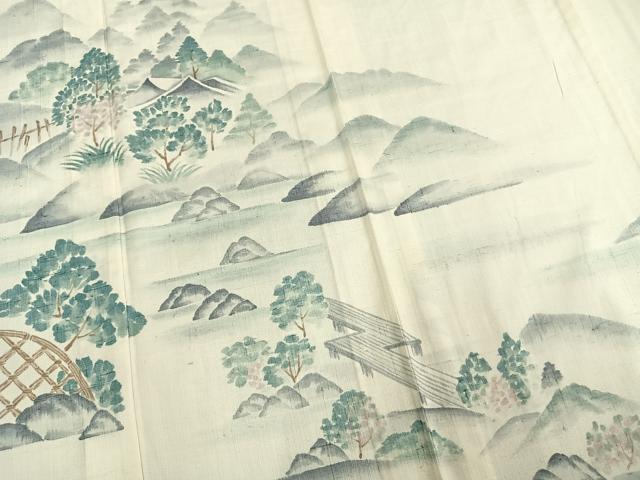 平和屋着物▽訪問着　単衣　紬地　手描き　風景文　正絹　逸品　AAAW7714fy 平和屋着物▽訪問着 単衣 紬地 手描き 風景文 正絹 逸品 AAAW7714fyの