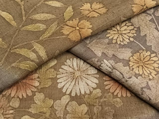 平和屋着物▽上質な小紋　単衣　紬地　草花文　金彩　正絹　逸品　未使用　AAAW7731fy