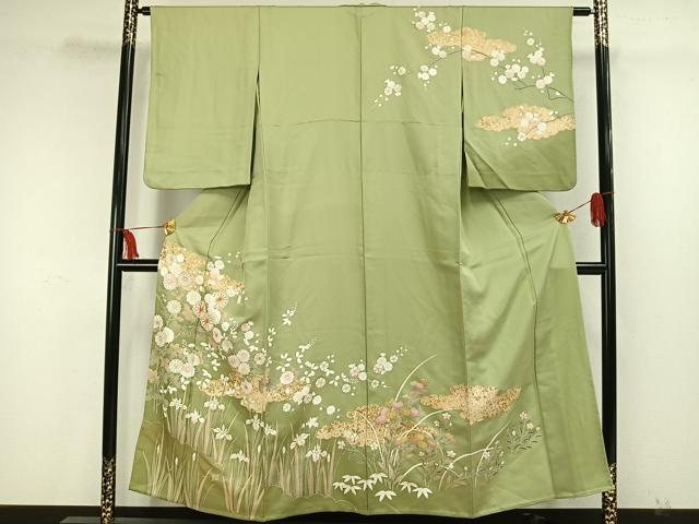 平和屋着物▽訪問着　単衣　駒刺繍　草花文　金彩　ますいわ屋扱い　正絹　逸品　AAAW7745fy