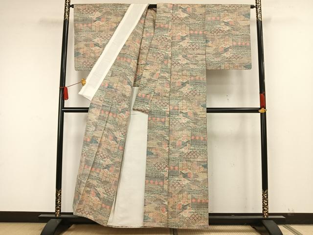 平和屋着物▽小千谷紬 単衣 風景花文 正絹 逸品 AAAW7770fy