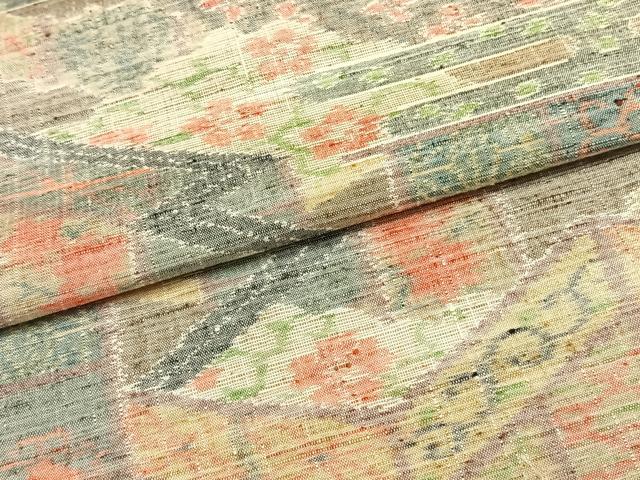 平和屋着物▽小千谷紬 単衣 風景花文 正絹 逸品 AAAW7770fy