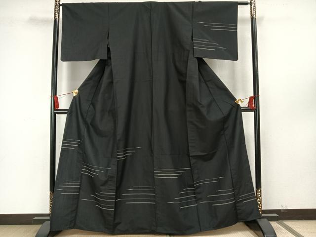 平和屋着物▽訪問着　単衣　紬地　横縞　正絹　逸品　AAAW7794fy