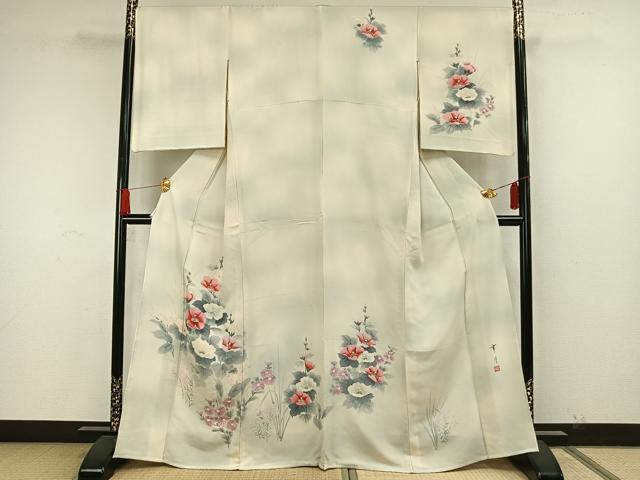 平和屋着物▽訪問着　単衣　作家物　手描き　草花文　暈し染め　正絹　逸品　AAAW7800fy