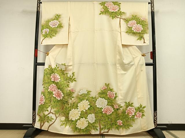 平和屋着物▽訪問着　単衣　作家物　手描き　枝花文　暈し染め　正絹　逸品　未使用　AAAW7802fy