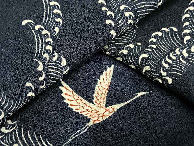 平和屋着物▽小紋　単衣　飛鶴立波文　洗える着物　AAAW7821fy