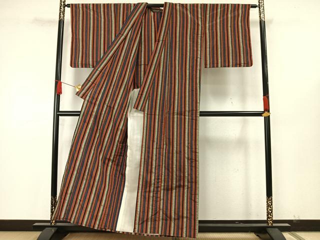 平和屋着物▽上質な紬 単衣 縞 正絹 逸品 AAAW7860fy 紬