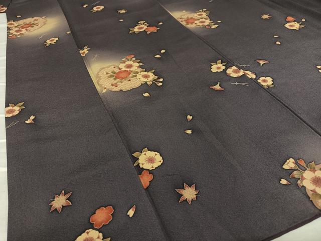 平和屋着物○上質な小紋 雪輪舞桜文 黒地 ロング丈 正絹 逸品
