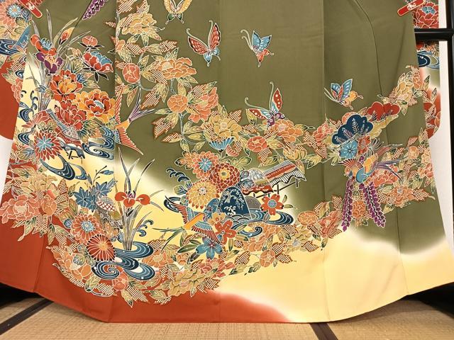 平和屋着物●紅型　振袖　風景花鳥文　暈し染め　正絹　逸品　AAAW9188zg 平和屋着物○紅型 振袖 風景花鳥文 暈し染め 正絹 逸品 AAAW9188zg
