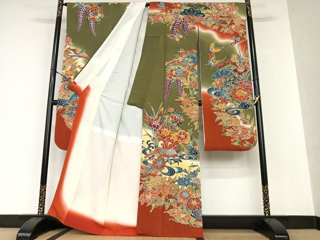 平和屋着物○紅型 振袖 風景花鳥文 暈し染め 正絹 逸品 AAAW9188zg