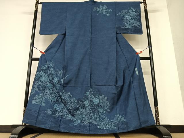 平和屋着物●石川県指定無形文化財 牛首紬 白山工房 手織り 訪問着 本藍 手描き 流水孔雀花文 小田急百貨店扱い 正絹 逸品 AAAW9213zg