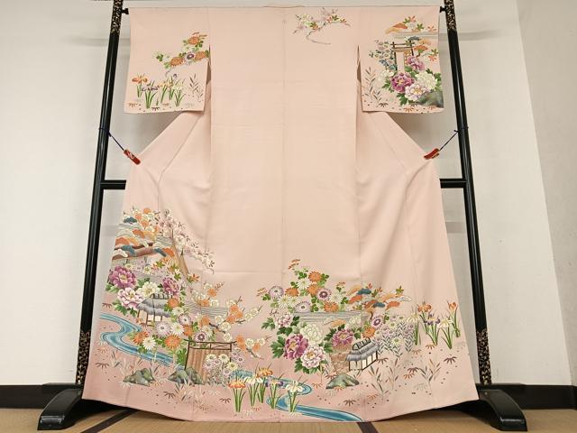 平和屋着物●訪問着　友禅　手描き　松竹梅風景花文　暈し染め　金彩　正絹　逸品　AAAW9217zg