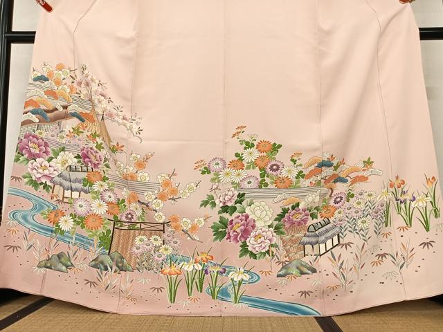 平和屋着物○訪問着 友禅 手描き 松竹梅風景花文 暈し染め 金彩