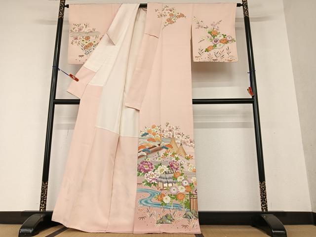 平和屋本店■極上　訪問着　友禅　市松　風景松楓文　暈し染め　ロング丈　逸品　未使用　DZAA8488kh5 平和屋本店□極上 訪問着 友禅 市松 風景松楓文 暈し染め