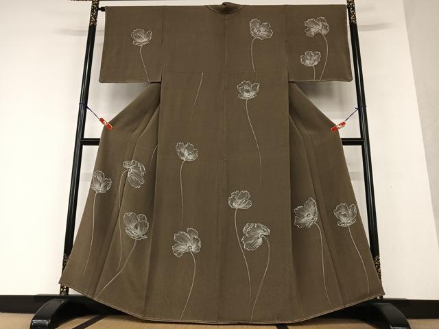 平和屋着物●訪問着　手描き　草花文　鬼しぼ縮緬　正絹　逸品　未使用　AAAW9230zg