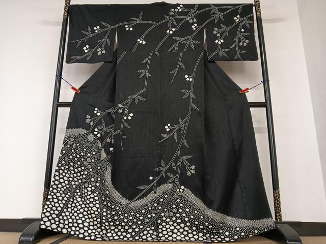 平和屋着物●訪問着　絞り　草花文　黒地　ますいわ屋扱い　正絹　逸品　AAAW9269zg