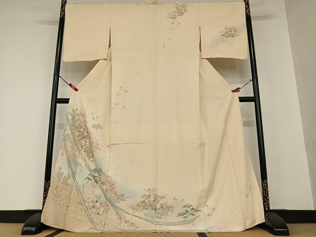 平和屋着物●訪問着　友禅　駒刺繍　舞扇花文　松竹梅　暈し染め　金彩　正絹　逸品　AAAW9271zg