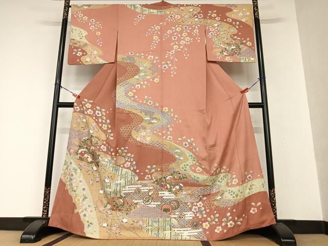 平和屋着物●訪問着　友禅　駒刺繍　絞り　エ霞花文　松竹梅　暈し染め　金彩　正絹　逸品　AAAW9285zg