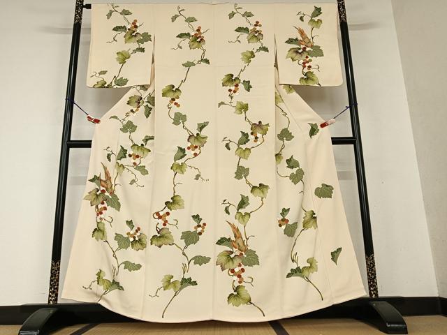 平和屋着物●訪問着　友禅　南天蔦の葉に休み鳥　正絹　逸品　AAAW9312zg