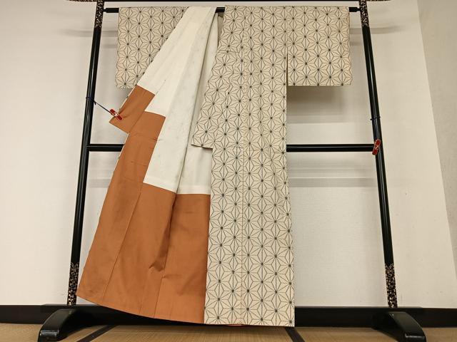 平和屋着物○上質な紬 麻の葉文様 正絹 逸品 AAAW9320zg