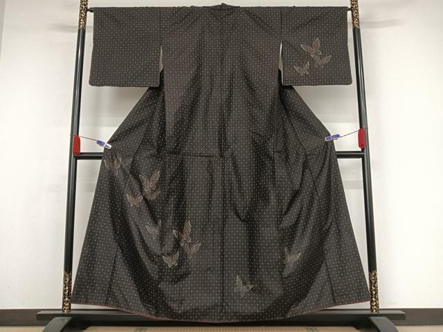 平和屋着物●本場大島紬　訪問着　一元絣　舞蝶文　黒地　正絹　逸品　AAAX0058np