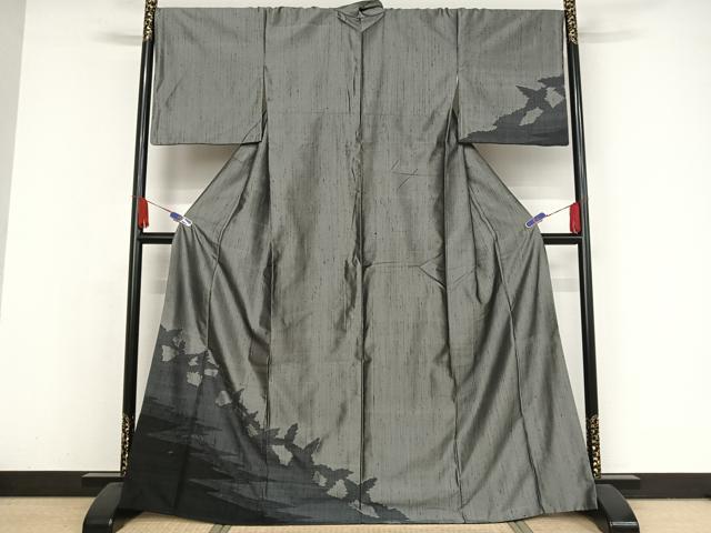 平和屋着物●訪問着　紬地　シルエット文様　正絹　逸品　AAAX0083np