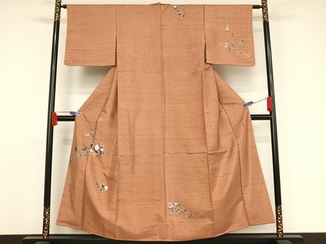 平和屋着物●十日町友禅作家　岡村蒼風　訪問着　紬地　枝花文　正絹　逸品　AAAX0094np