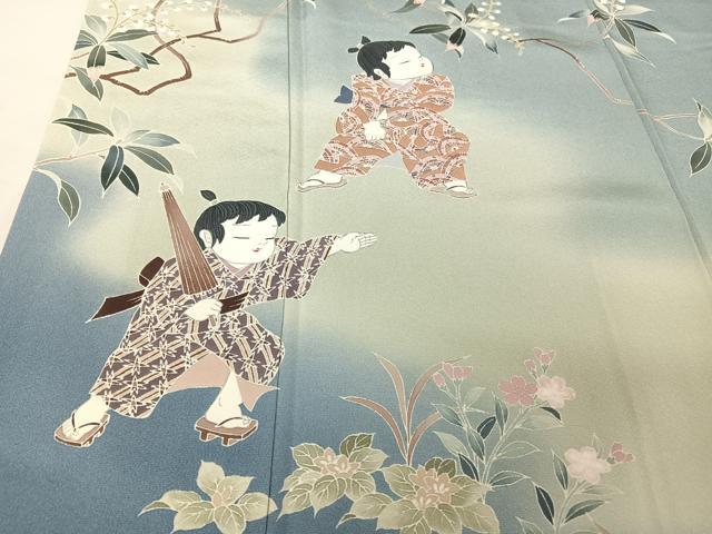 平和屋着物●訪問着　友禅　作家物　童子遊び　暈し染め　正絹　逸品　AAAX0265np 平和屋着物○訪問着 友禅 作家物 童子遊び 暈し染め 正絹 逸品