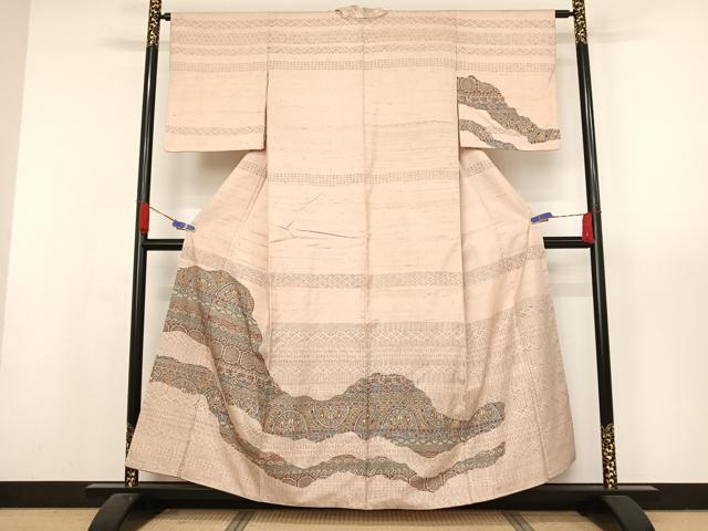 平和屋着物●訪問着　紬地　幾何学花文　正絹　逸品　AAAX0306np