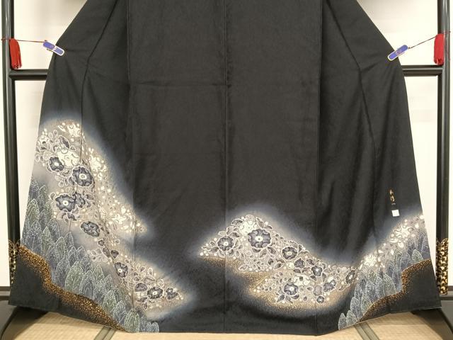 平和屋着物○染色作家 林淳一 訪問着 辻が花 暈し染め 黒地 金彩