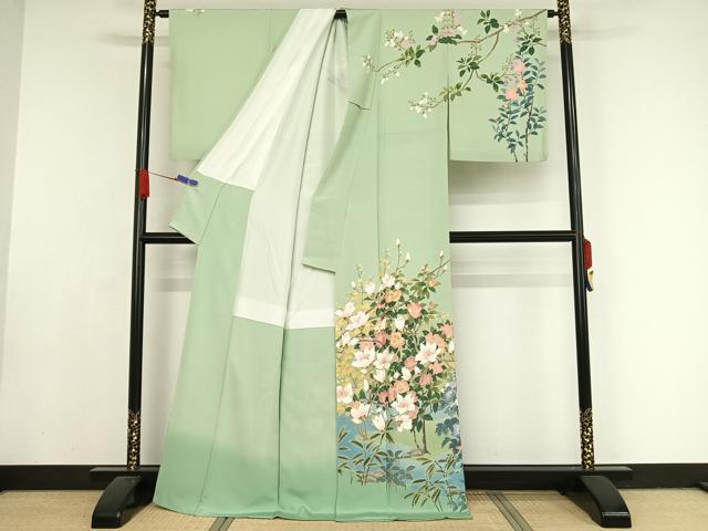 平和屋着物○十日町友禅作家 岡村蒼風 訪問着 紬地 枝花