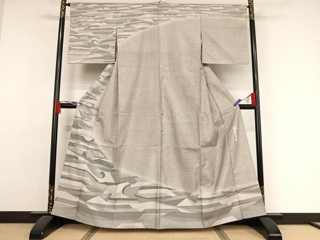 平和屋着物●二代目 川村久太郎　訪問着　白山紬地　幾何学文様　正絹　逸品　AAAX0399np