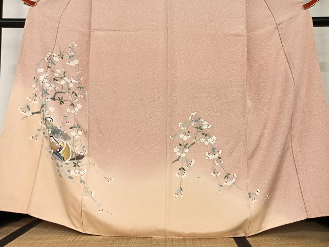 平和屋着物▽訪問着 単衣 花織 紬地 舞桜文 暈し染め 銀彩 ロング丈