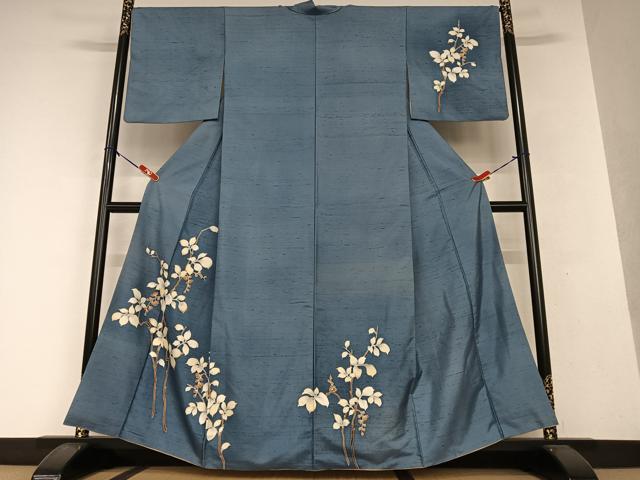 平和屋着物●訪問着　友禅　紬地　草花文　暈し染め　正絹　逸品　AAAX0563zg