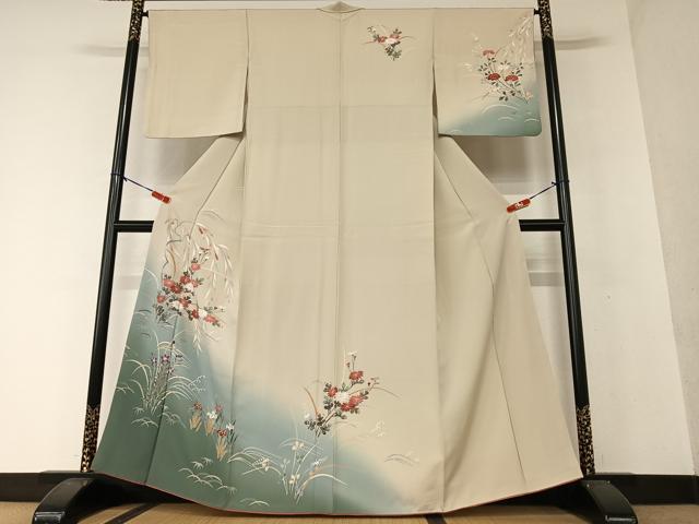 平和屋着物●訪問着　友禅　流水草花文　暈し染め　正絹　逸品　AAAX0573zg